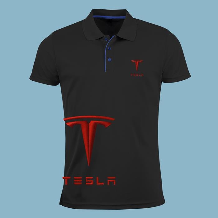 Nideming Art Tesla Vehicle Logo Polo T-Shirt for Man V-Neck Black 
